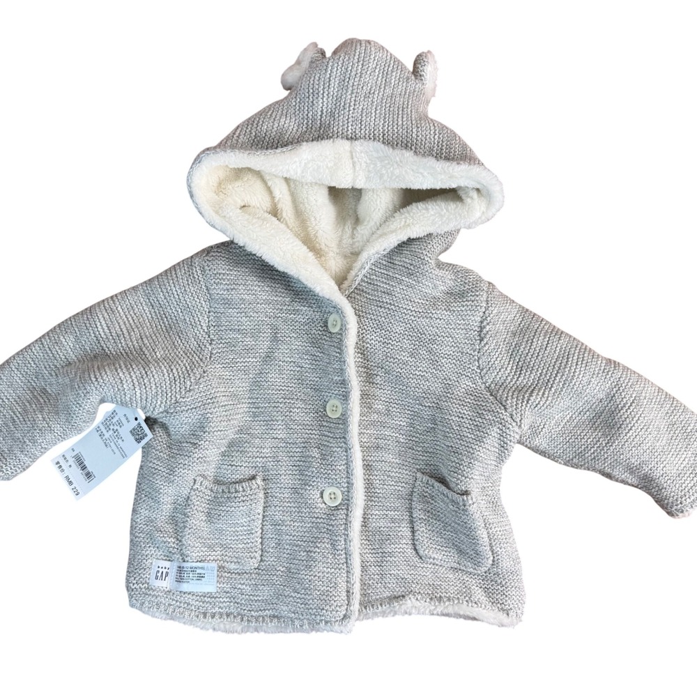 Baby Gap Gray Knit Hooded Cardigan Jacket with‎ Bear Ears 6 12 Months